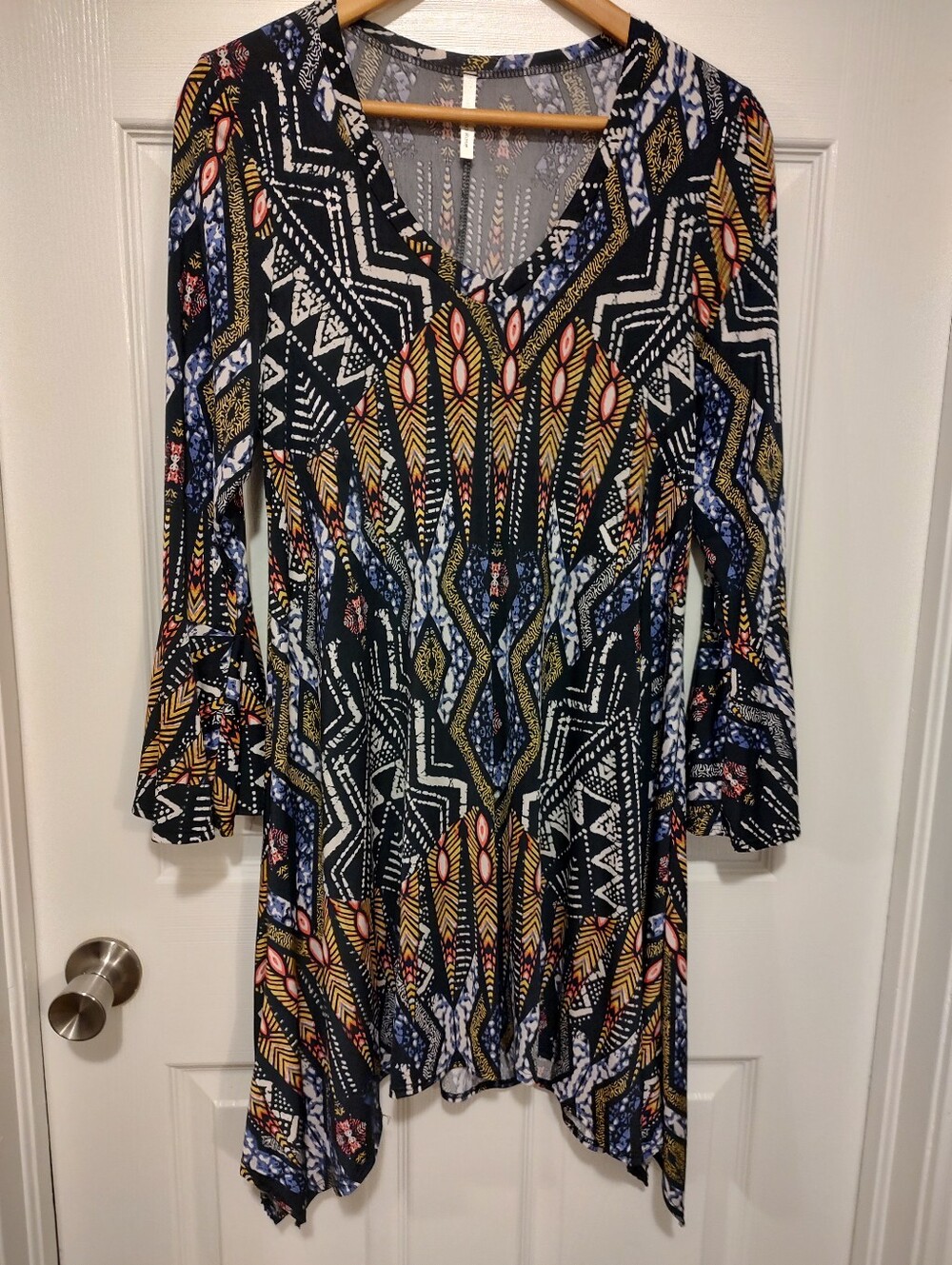 Asymmetrical V-Neck Printed Handkerchief Hem Dress in Black and Multicolor